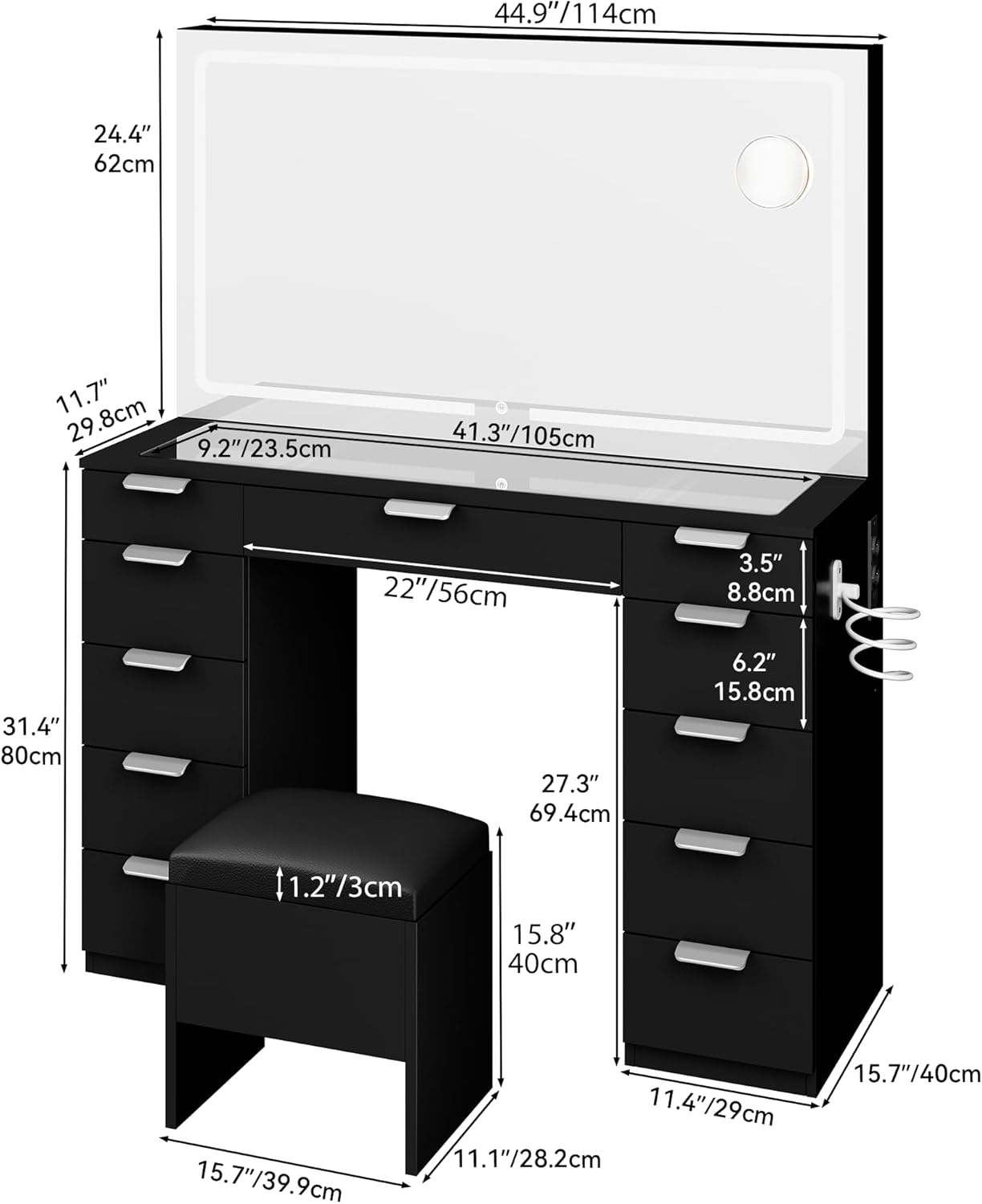 Schminktisch LED-Beleuchtung Spiegel Frisiertisch mit 11 Schublade und Hocker - Bild 9 von 10