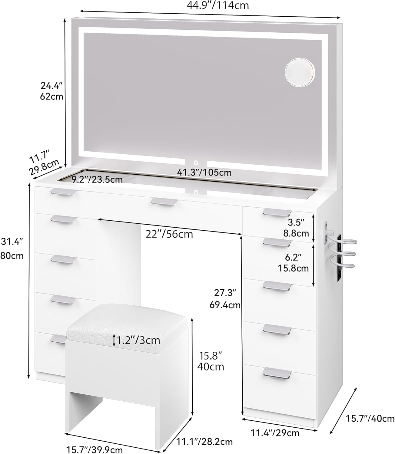 Schminktisch LED-Beleuchtung Spiegel Frisiertisch mit 11 Schublade und Hocker - Bild 10 von 10