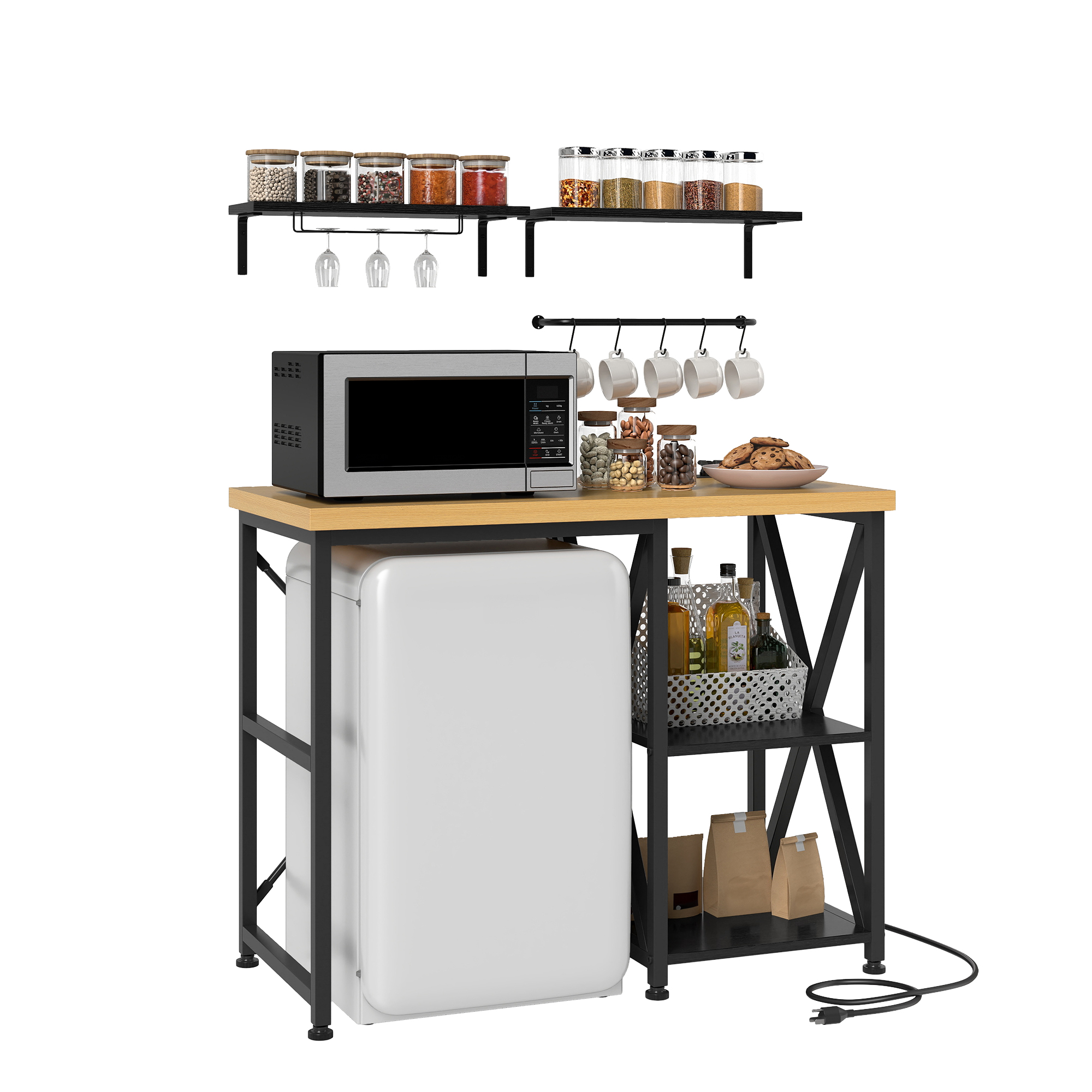 5-Tiers Bakers Rack Mini Fridge Cabinet Stand w/Storage and Wall Mounted Shelves - Picture 19 of 19