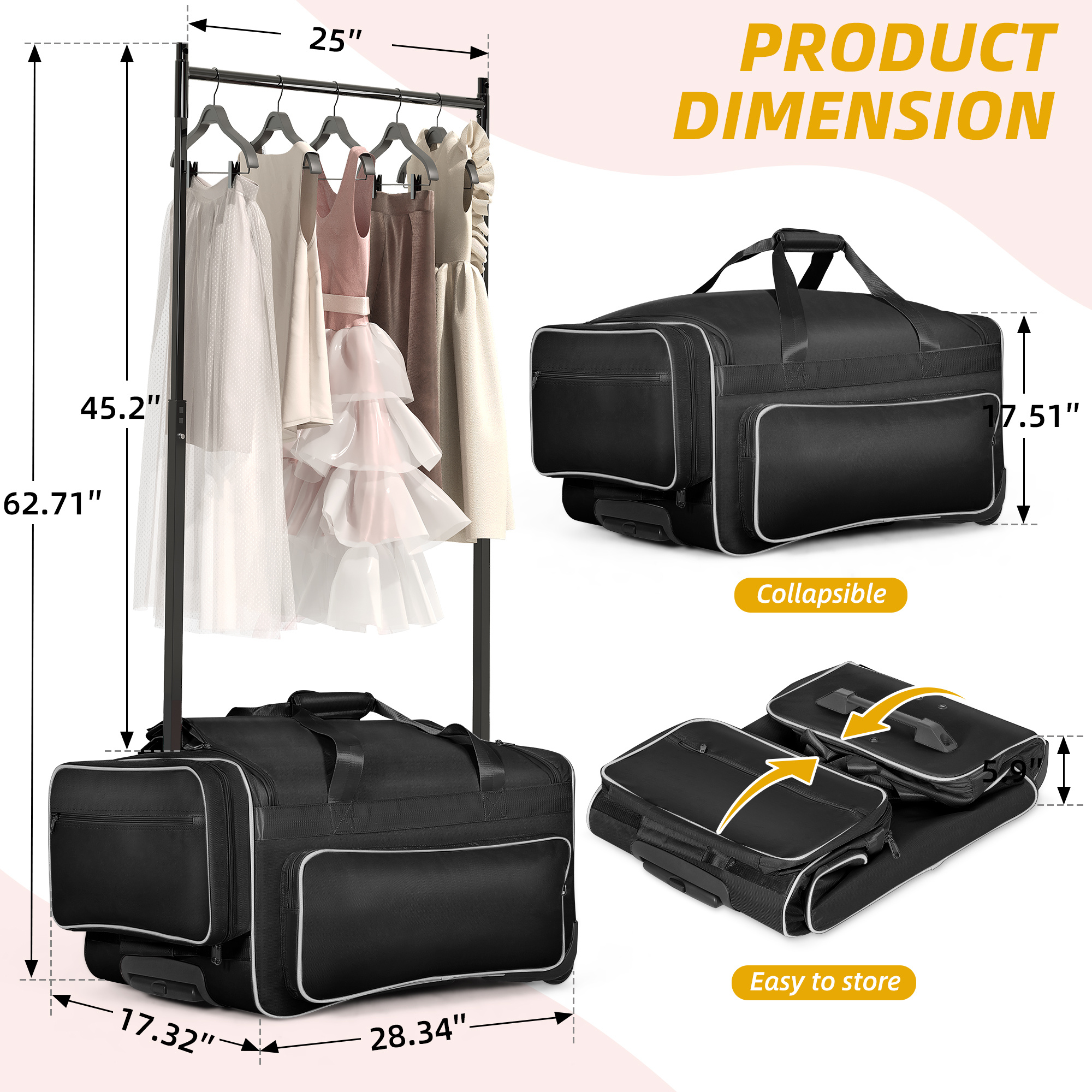 Shopsource 28" Rolling Dance Duffle Bag with Garment Rack