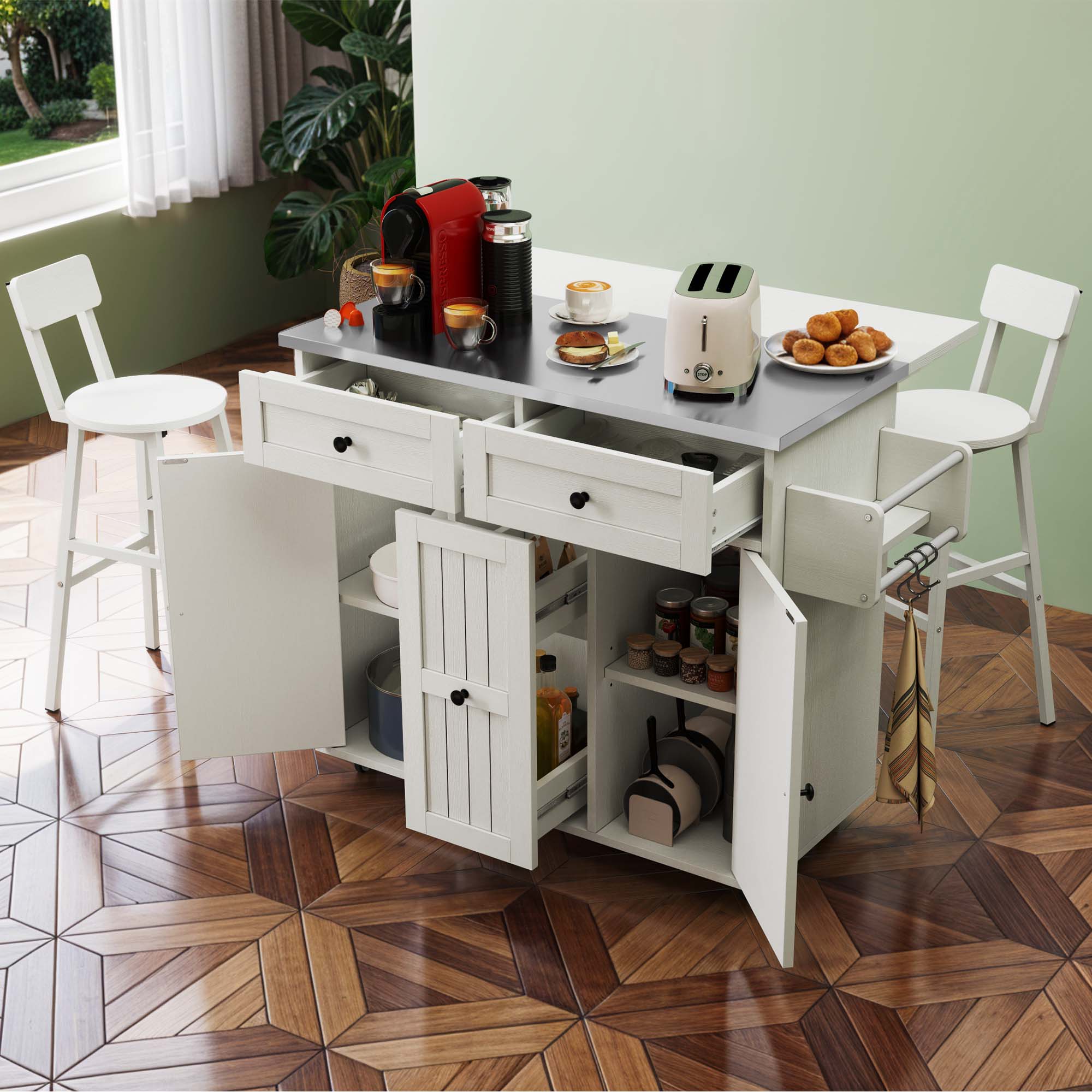 Rolling Kitchen Island Cart w/ Drop Leaf Countertop Adjustable Shelve Spice Rack - Picture 24 of 25