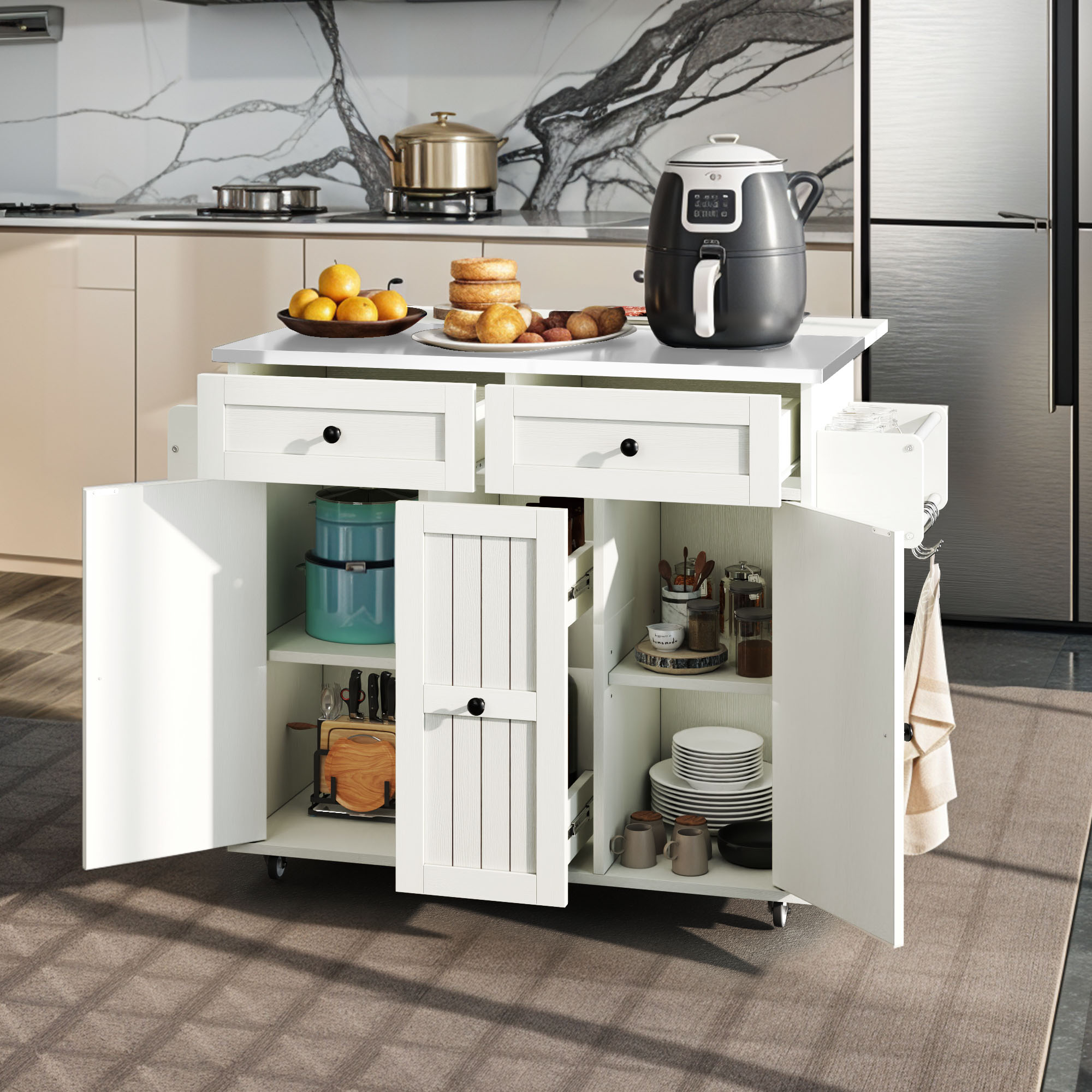 Rolling Kitchen Island Cart w/ Drop Leaf Countertop Adjustable Shelve Spice Rack - Picture 23 of 25