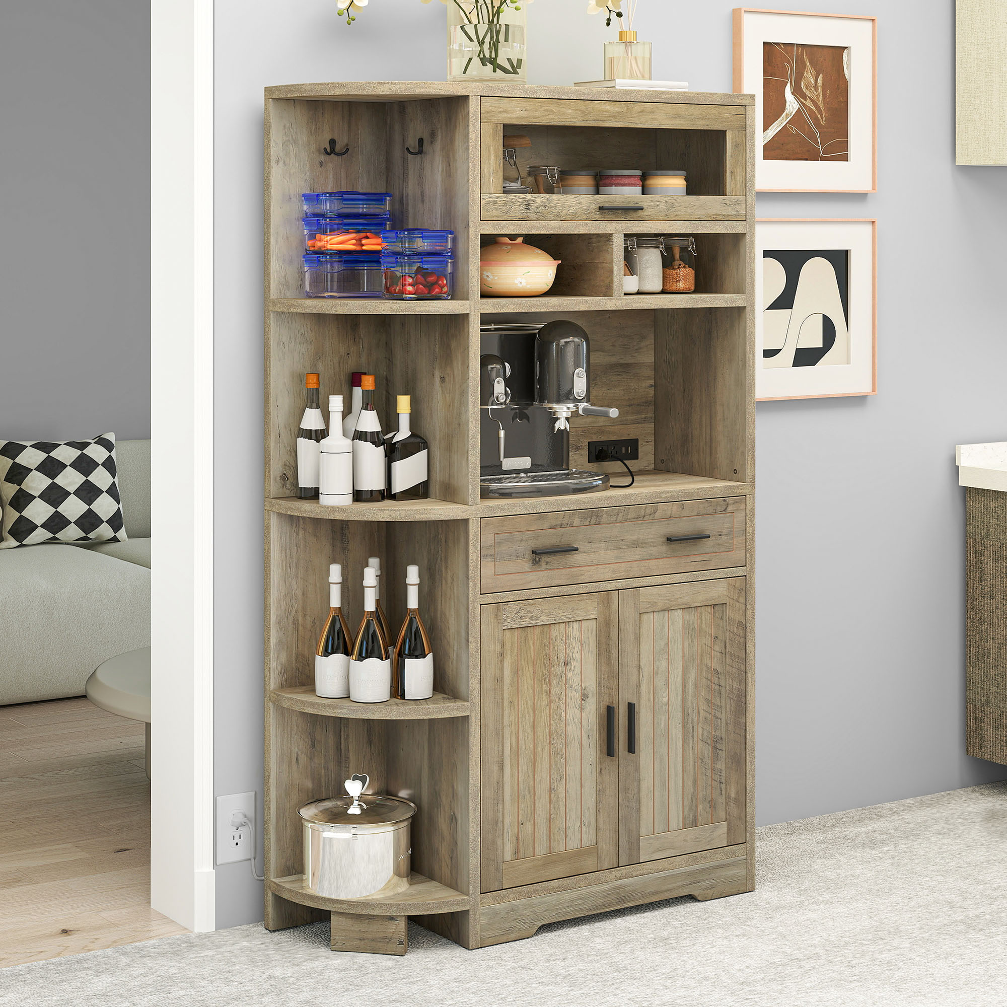 67" Kitchen Bakers Rack Pantry Storage Cabinet w Charging Station 4 Side Shelves - Picture 22 of 22