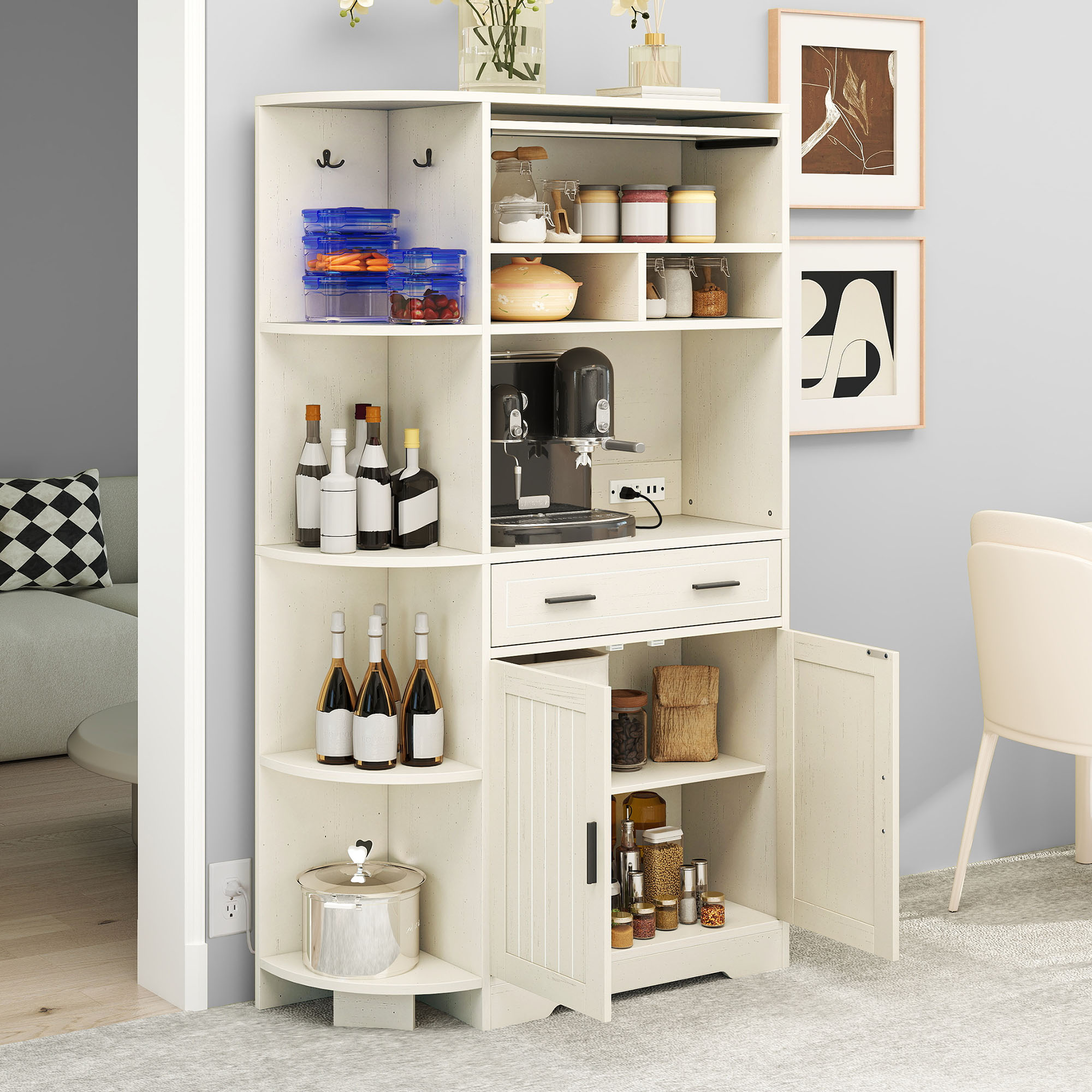 67" Kitchen Bakers Rack Pantry Storage Cabinet w Charging Station 4 Side Shelves - Picture 21 of 22