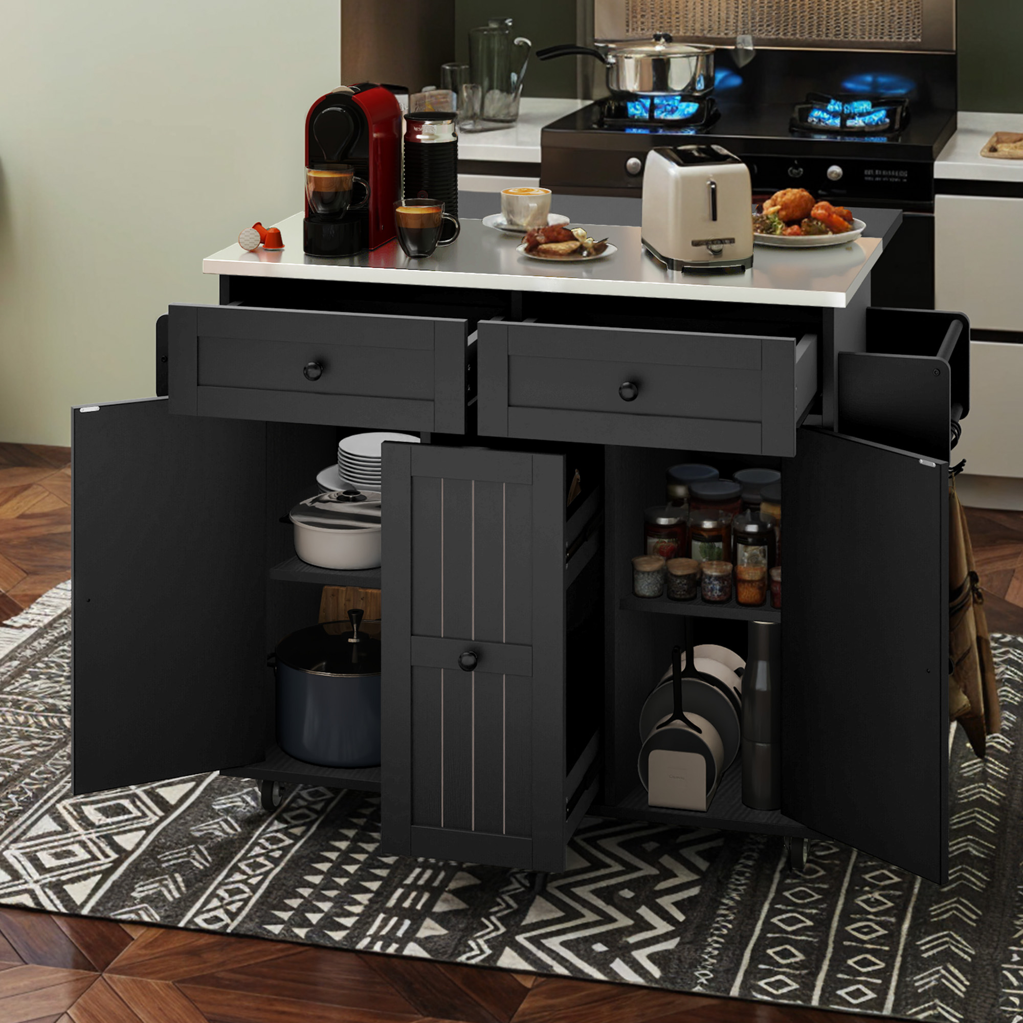 Rolling Kitchen Island Cart w/ Drop Leaf Countertop Adjustable Shelve Spice Rack - Picture 25 of 25