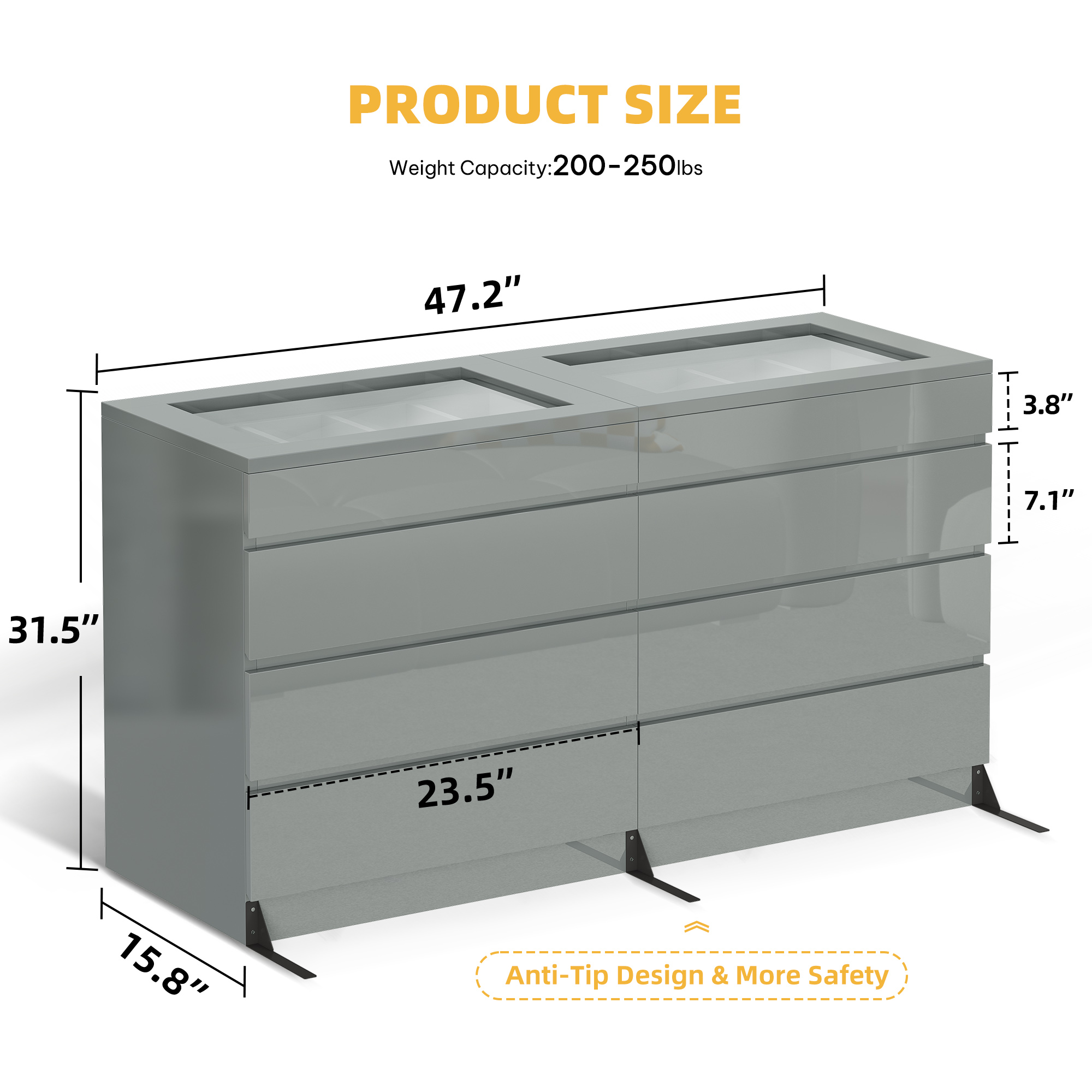 8 Drawer Dresser with LED Light Double Storage Glass Top High Gloss Organizer - Picture 18 of 19
