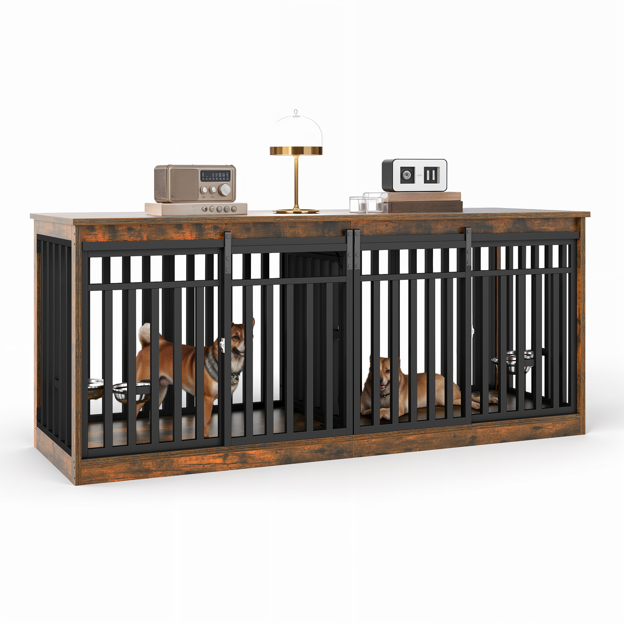 71 Inch Large Dog Crate Furniture Heavy Duty Wooden Dog Crate with 2 Dog Bowls