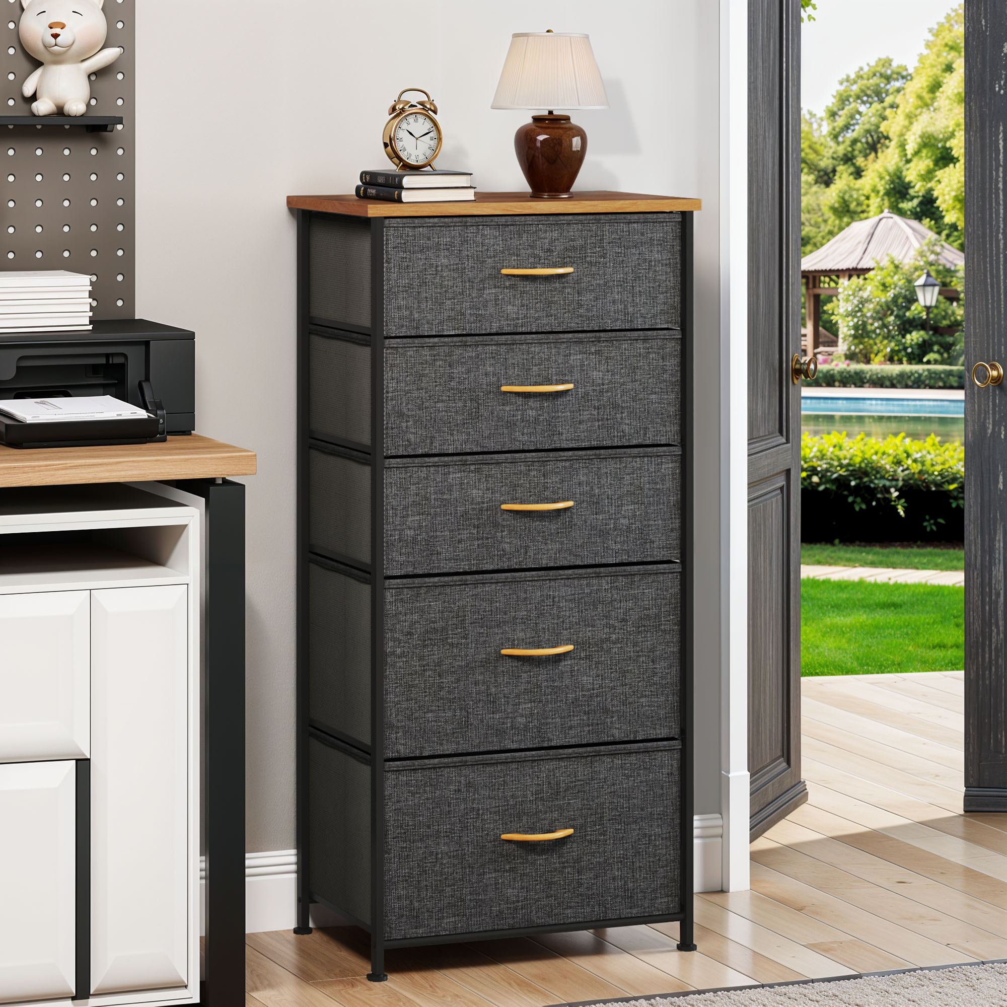 Chest of Drawers with 5 Fabric Drawers, Metal Frame, for Bedroom & Living Room