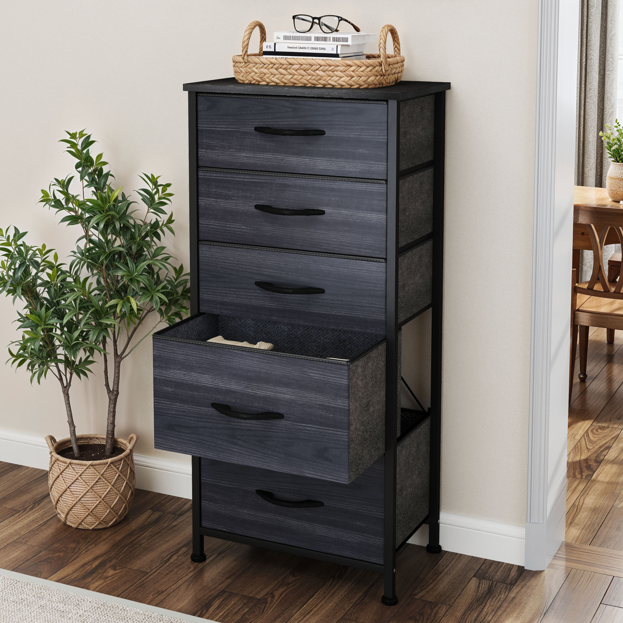 Chest of Drawers with 5 Fabric Drawers, Metal Frame, for Bedroom & Living Room