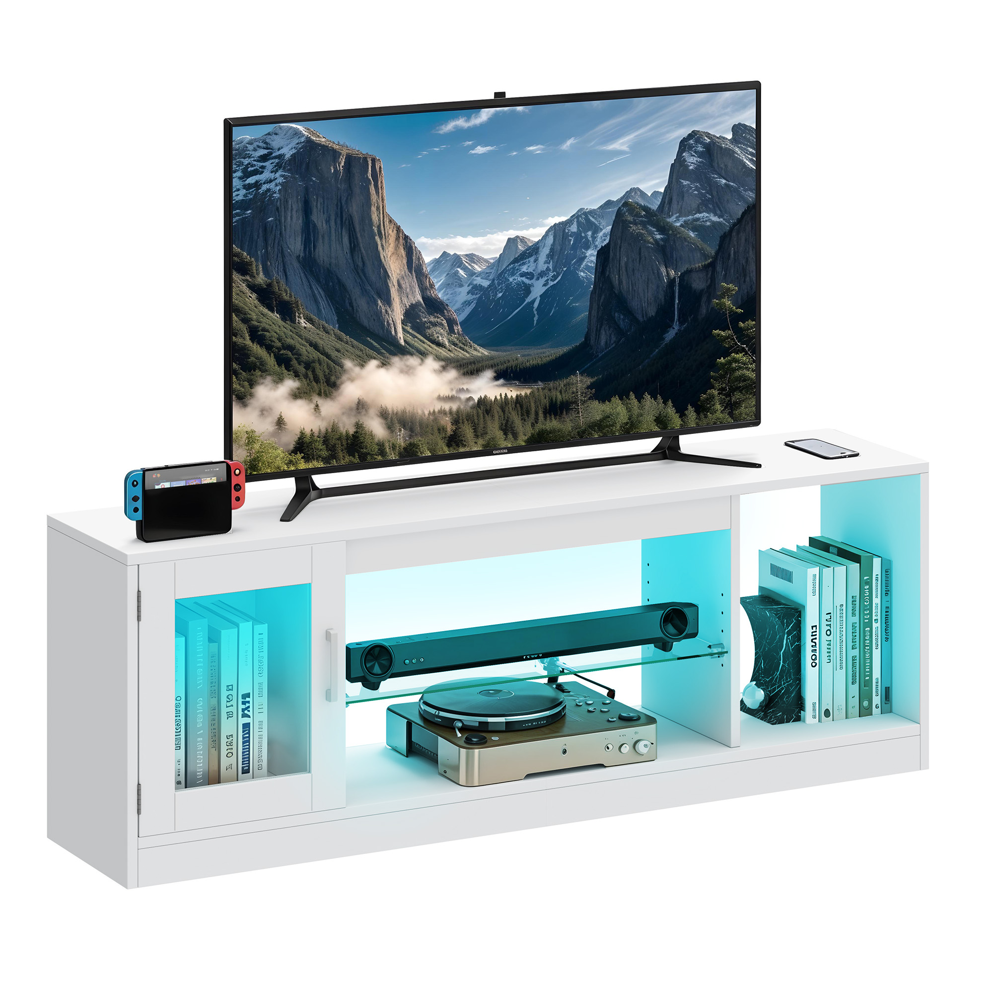 148cm TV Stand Cabinet with RGB LED Lights, Fits up to 65" TV, Glass Shelves