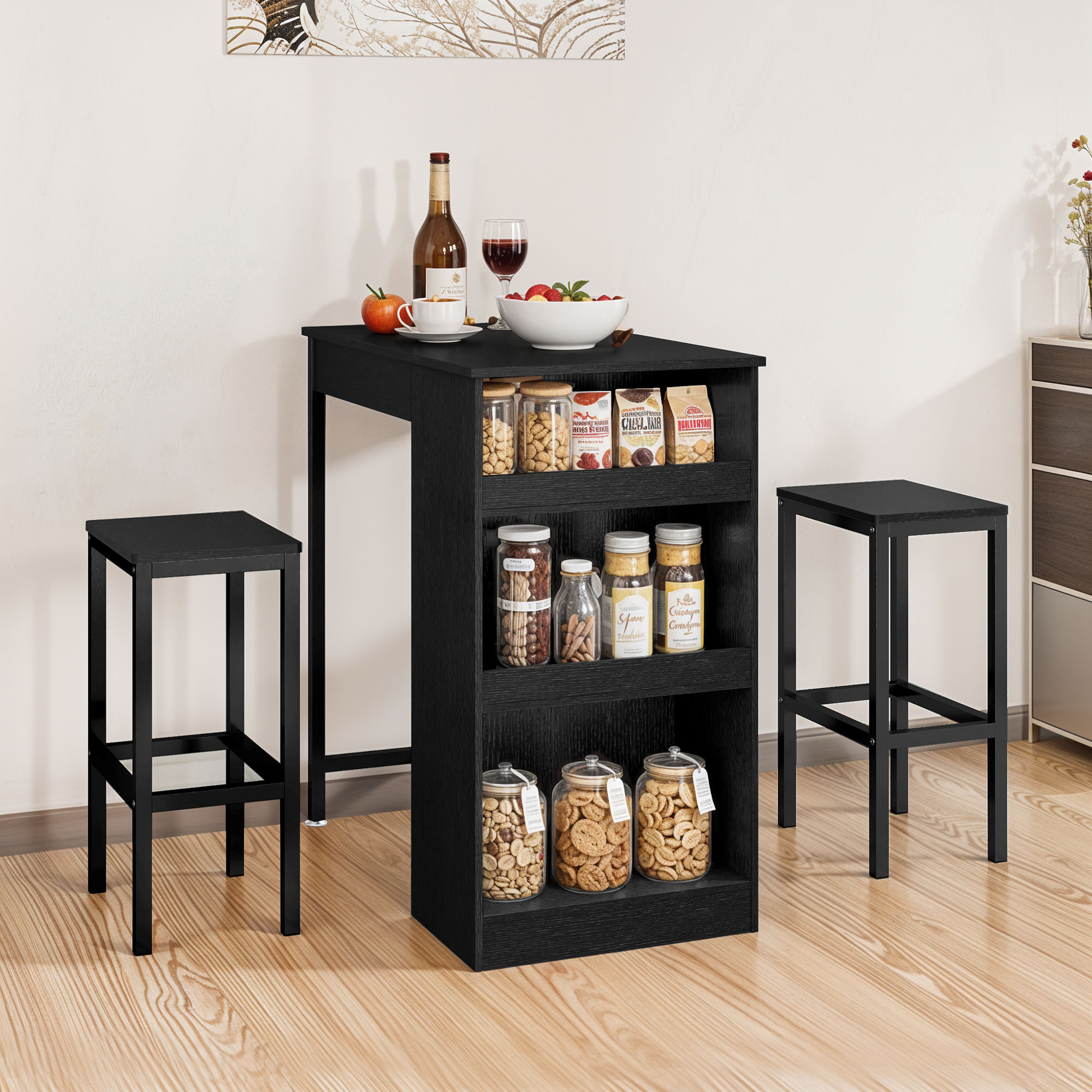 Breakfast Bar Table Set with Stools, Dining Table with Storage Shelf for Kitchen - Picture 23 of 23