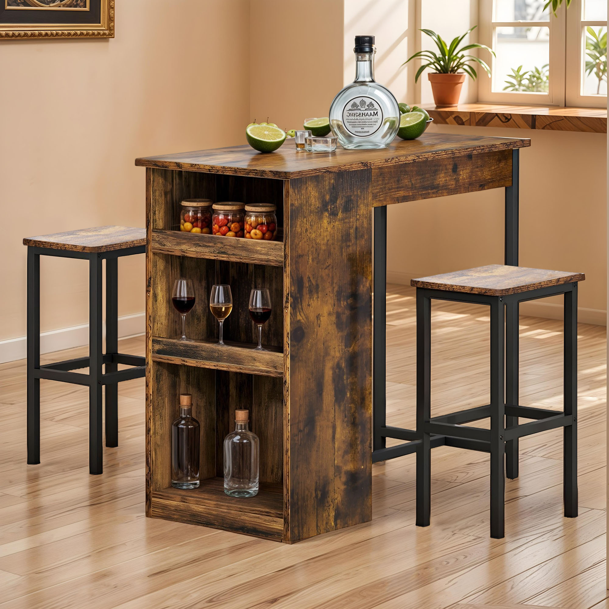 Breakfast Bar Table Set with Stools, Dining Table with Storage Shelf for Kitchen