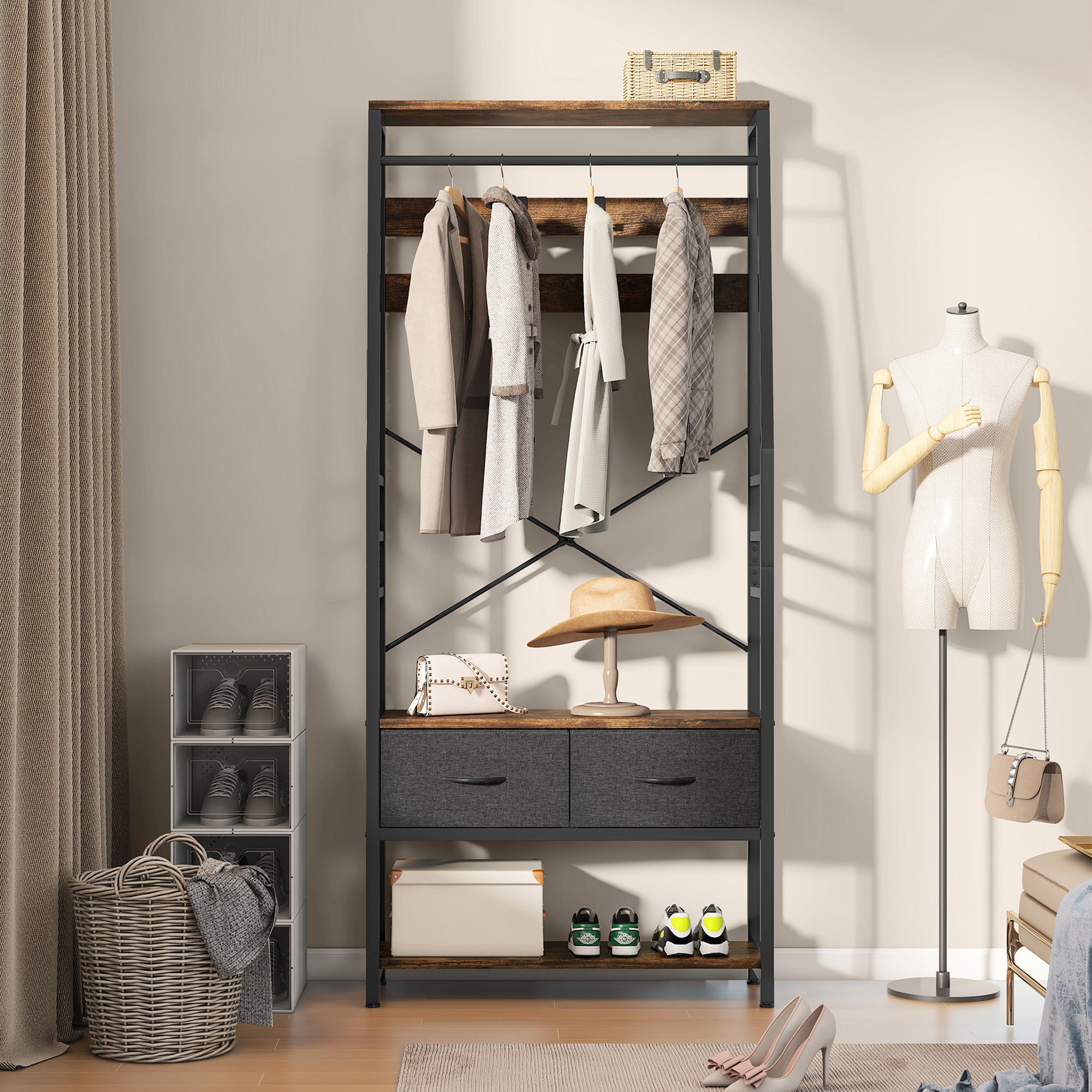 Coat Rack with Bench, Hall Tree with Shoe Storage, 8 Hooks & 2 Drawers, Metal