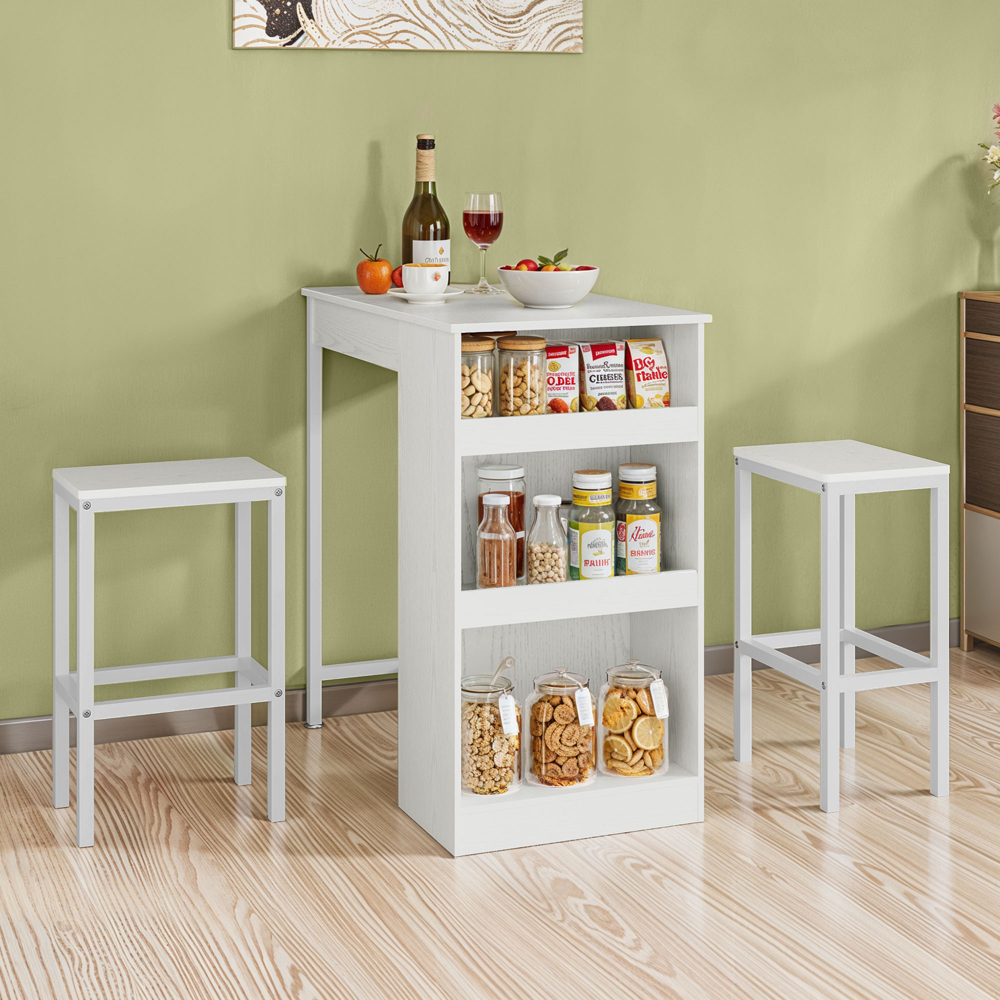 Breakfast Bar Table Set with Stools, Dining Table with Storage Shelf for Kitchen