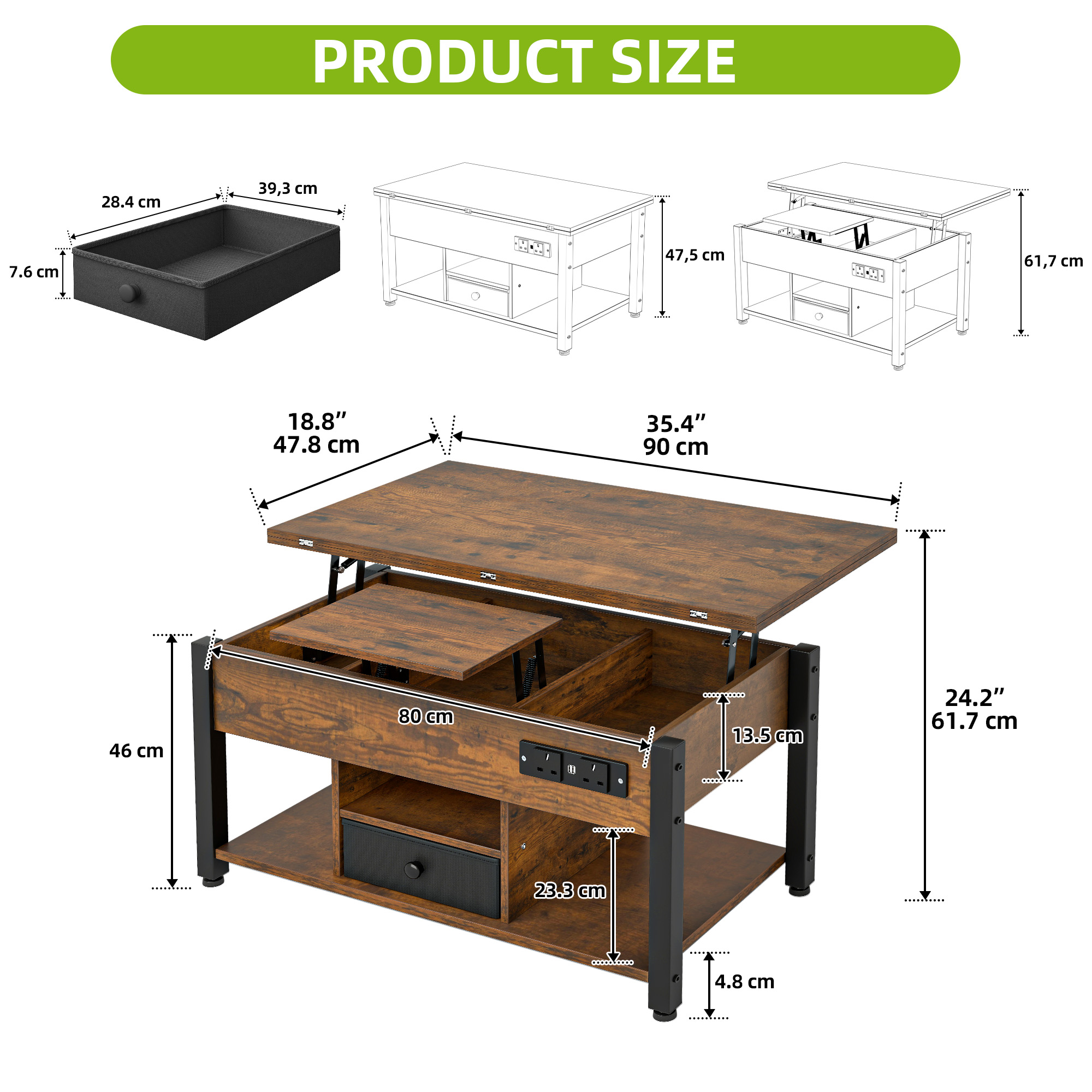 Lift-Top Coffee Table with Drawer, Storage, LED Lights & Power Outlets, 4-in-1 - Picture 11 of 11