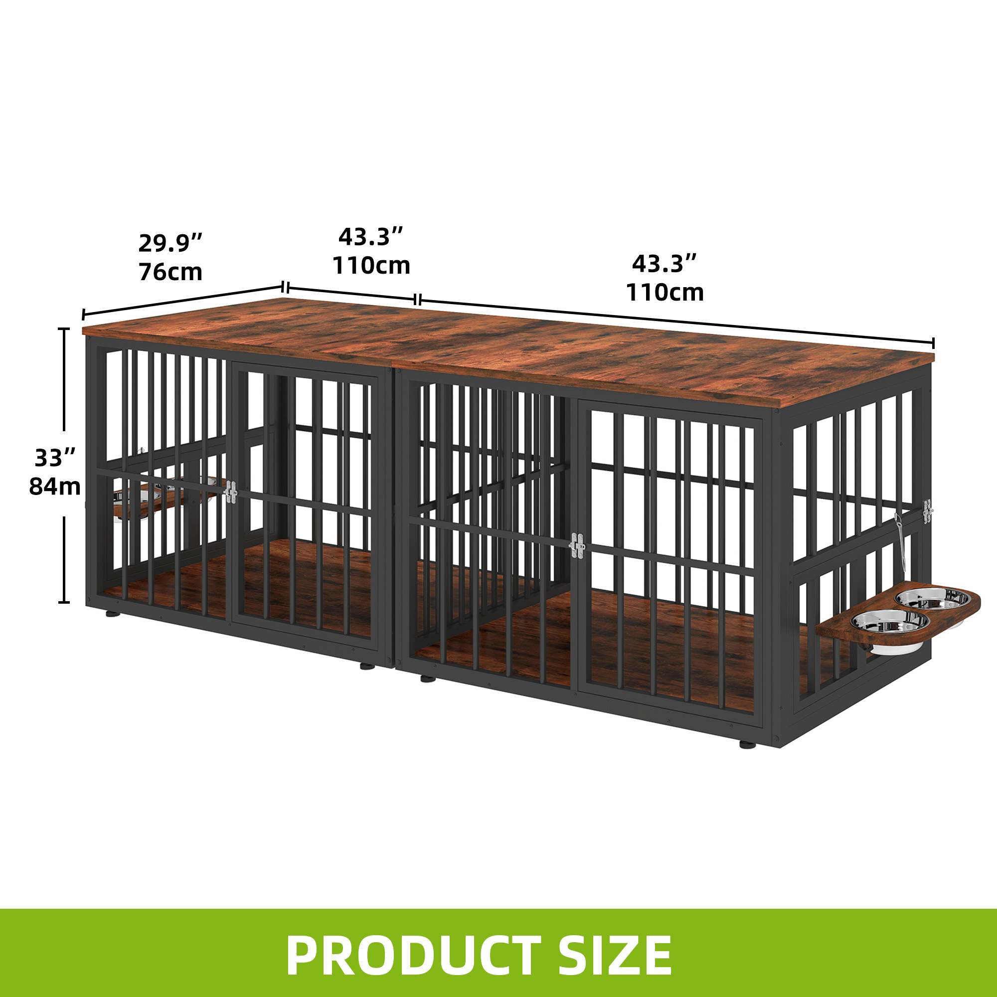 Dog Crate Furniture for 2 Dogs Steel Frame Dog Crate with Double Doors & Bowls