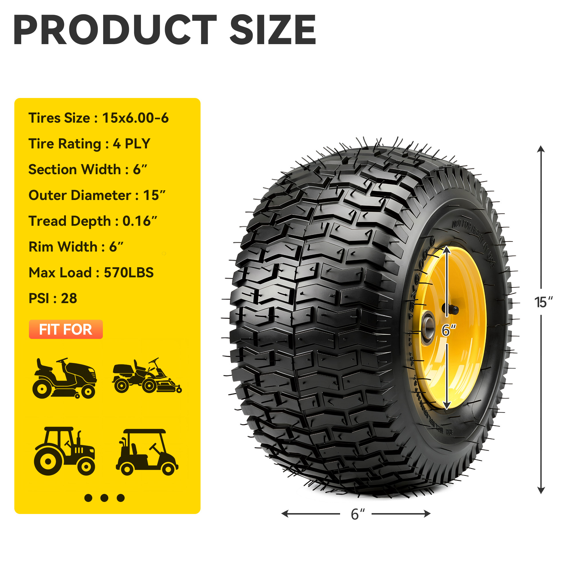 15×6.00-6 Flat Free Lawn Mower Tires, 3″ Centered/ Offset Hub (2 Pack)
