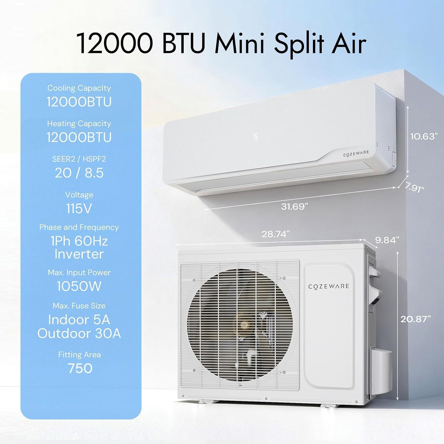 Cozeware 9/12/18/24K BTU 3 Eco Mode Mini Split AC Heat Pump WiFi Alexa 115/230V