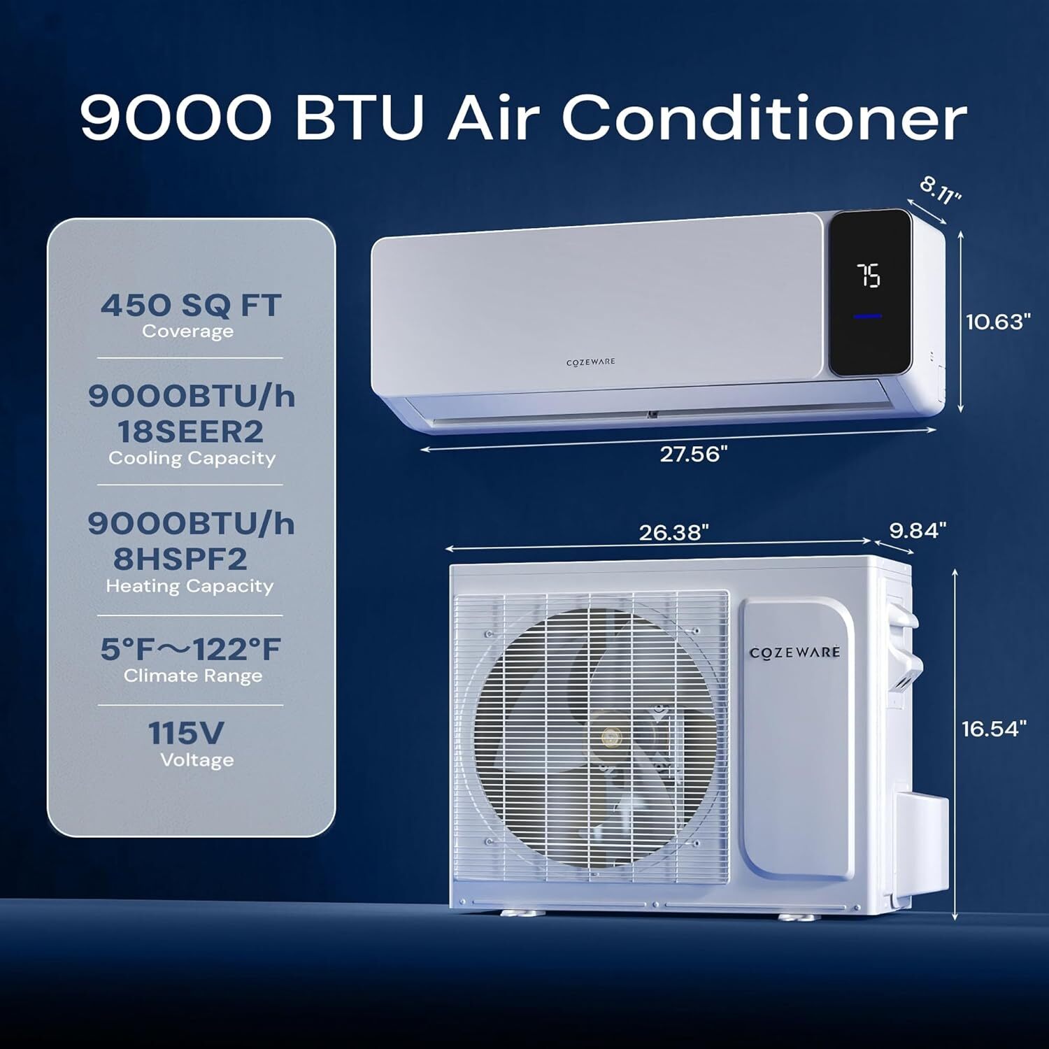 Cozeware 9/12/18/24K BTU Mini Split AC Heat Pump WiFi Alexa 115/230V 3 Eco Mode