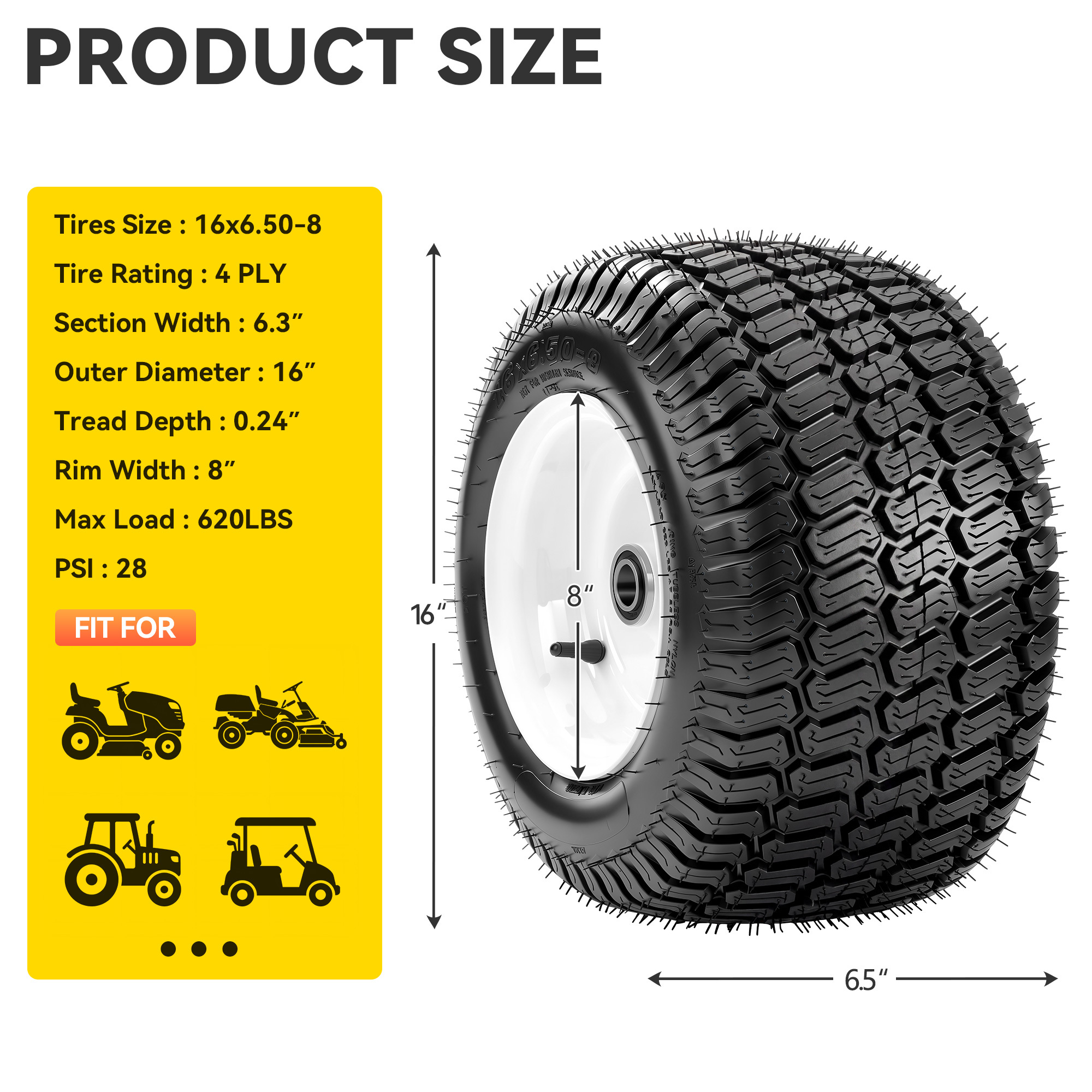 16×6.50-8 Flat Free Lawn Mower Tires, 3″ Offset/Centered Hub, (2 Pack)