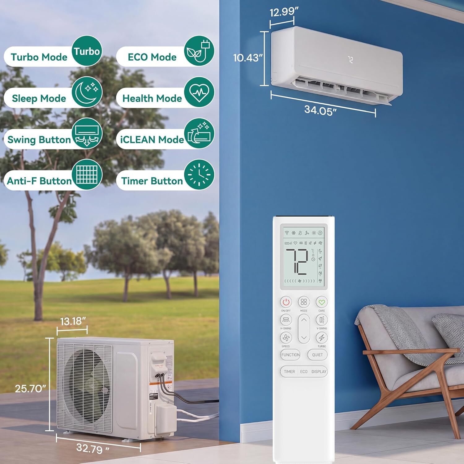 115/230V 20 SEER2 9/12/18/24K BTU Inverter Mini Split AC/Heat Pump, WiFi Alexa