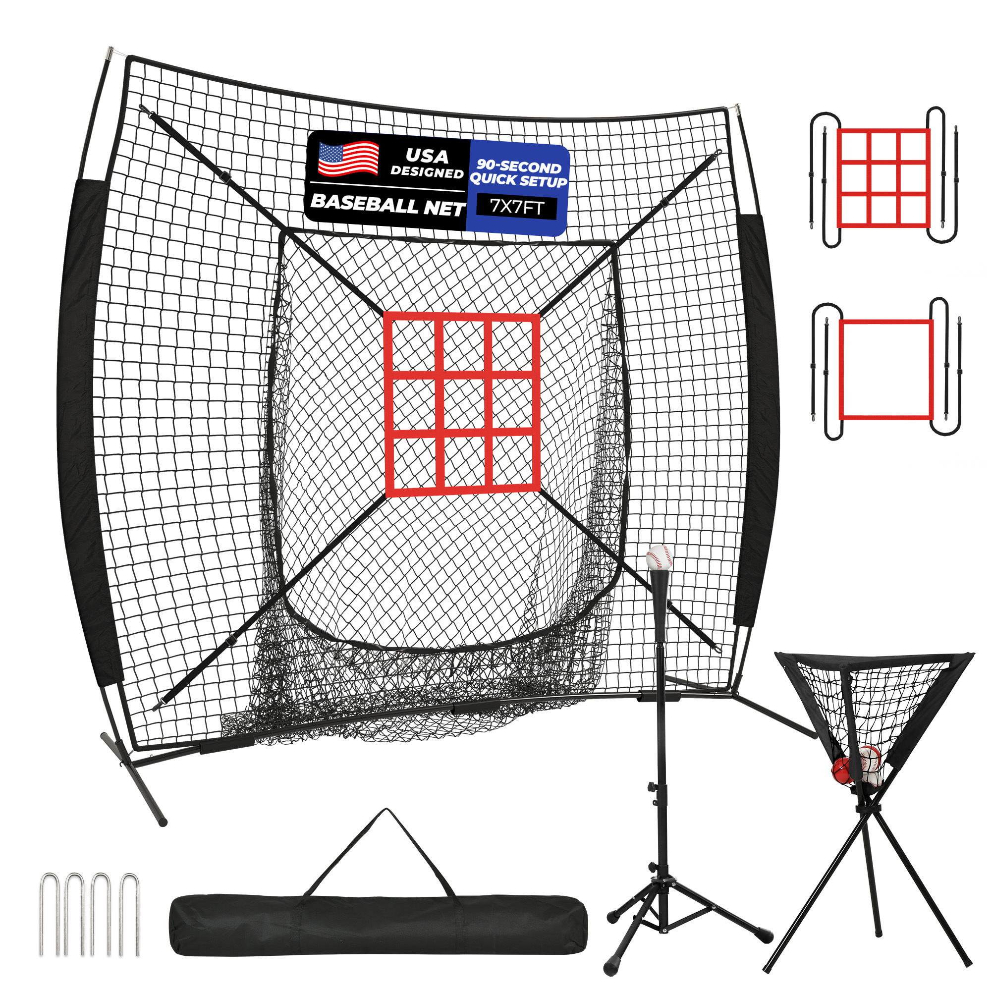Sturdum 7x7ft Baseball Net with Strike Zone, Tee, Ball Caddy, Carry Bag 4 Stakes
