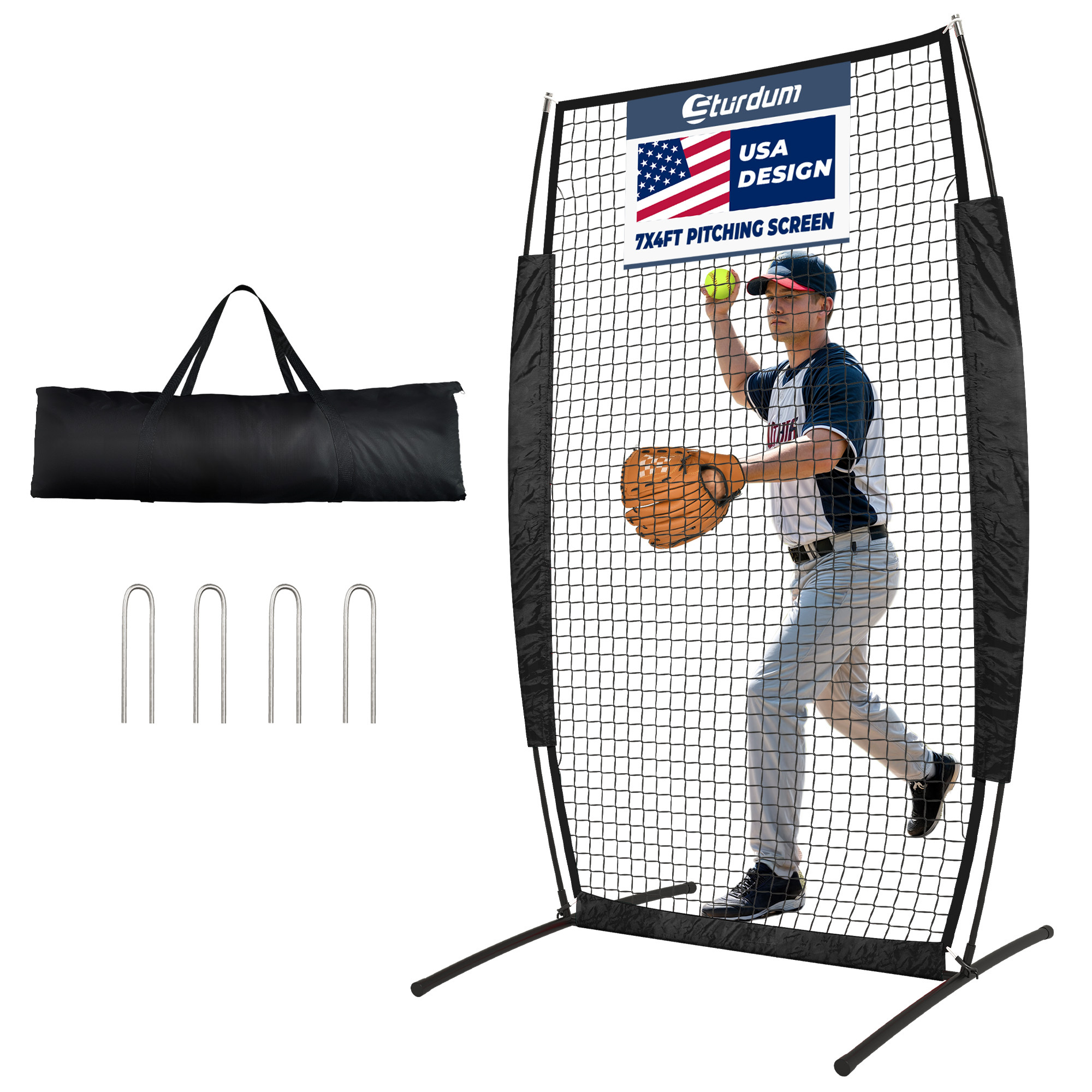Sturdum 7x4FT Baseball Pitching Screen, Portable I Screen Net w/Carry Bag