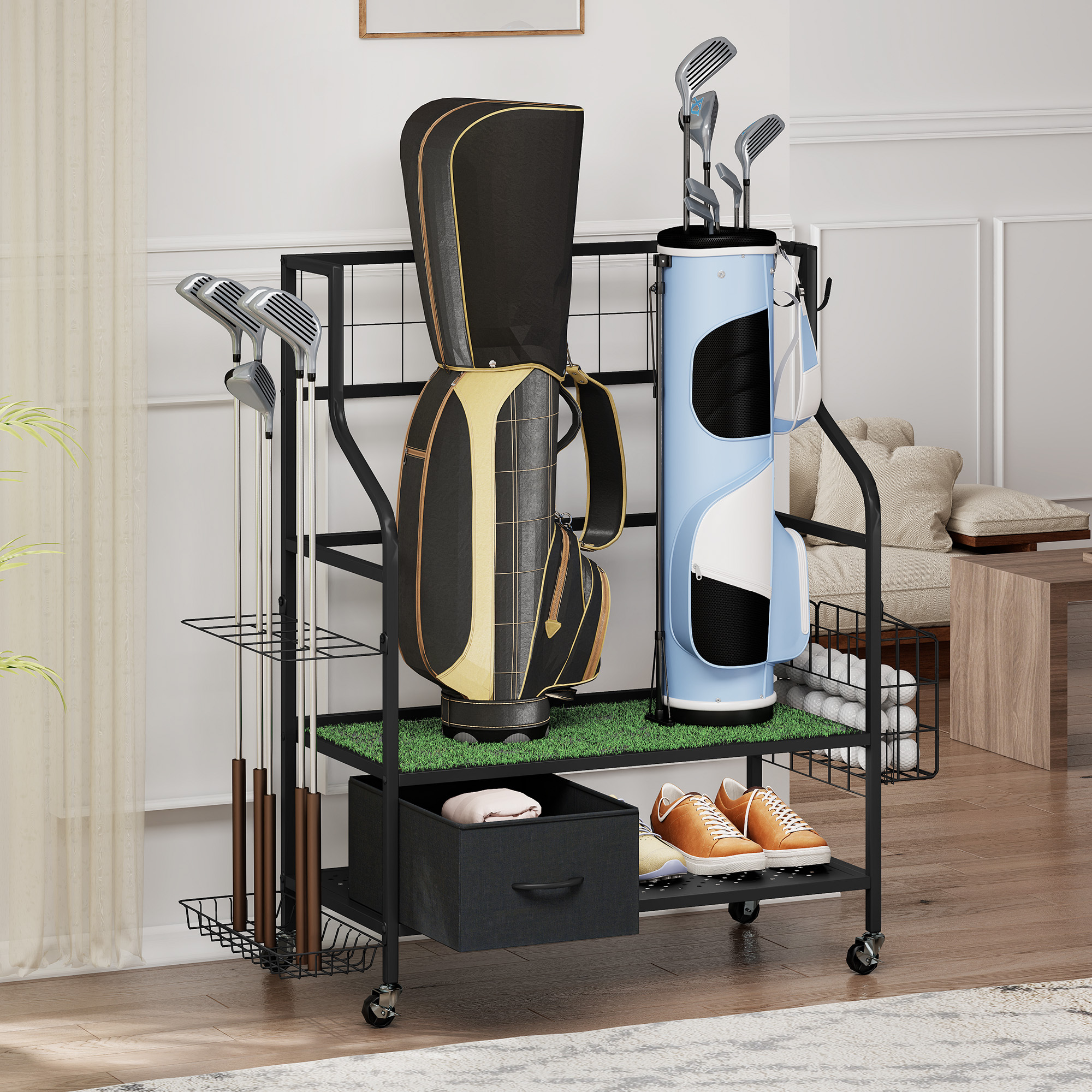 Sturdum Golf Bag Organizer Storage Rack, Rolling Golf Equipment Holder w/Wheels