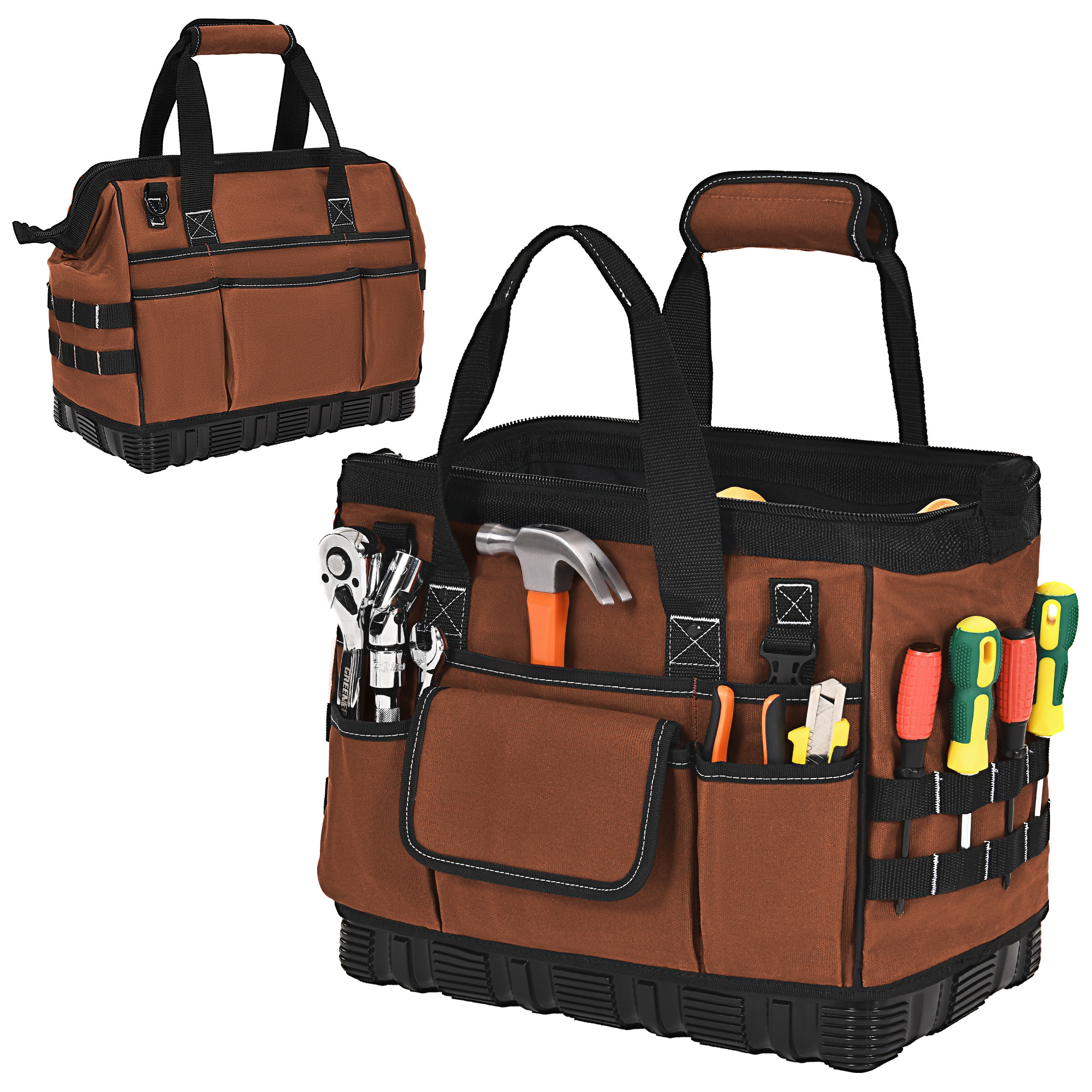 Sturdum Heavy Duty Canvas Tool Bag, Wide Mouth Tool Tote w/Hard Base & Strap
